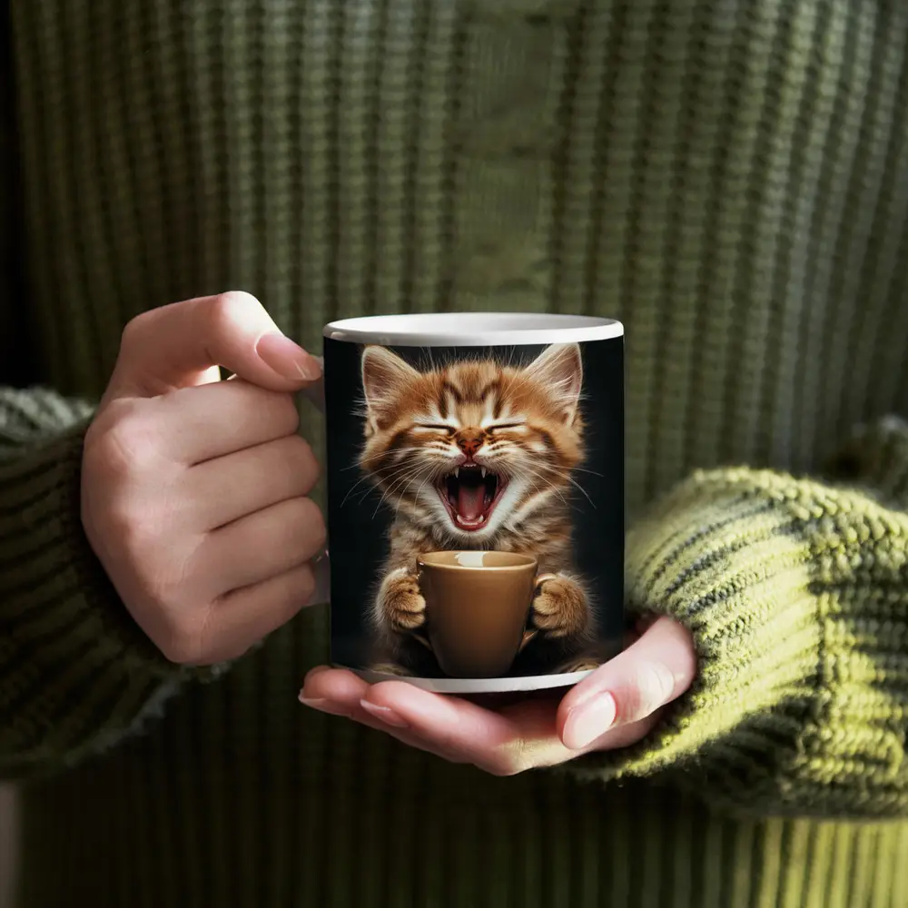 Funny Kitten Holding Coffee Cup Dark Background – Mugs