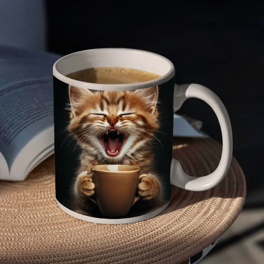 Funny Kitten Holding Coffee Cup Dark Background – Mugs