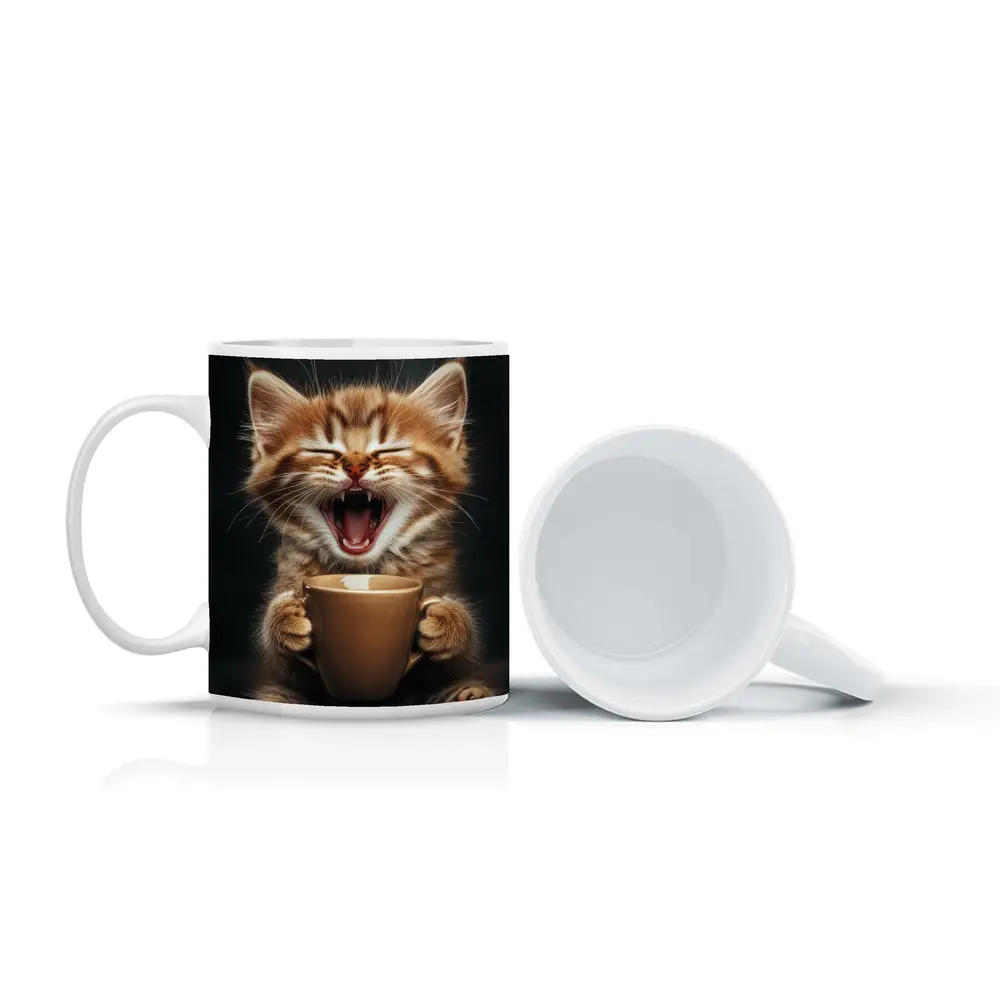 Funny Kitten Holding Coffee Cup Dark Background – Mugs