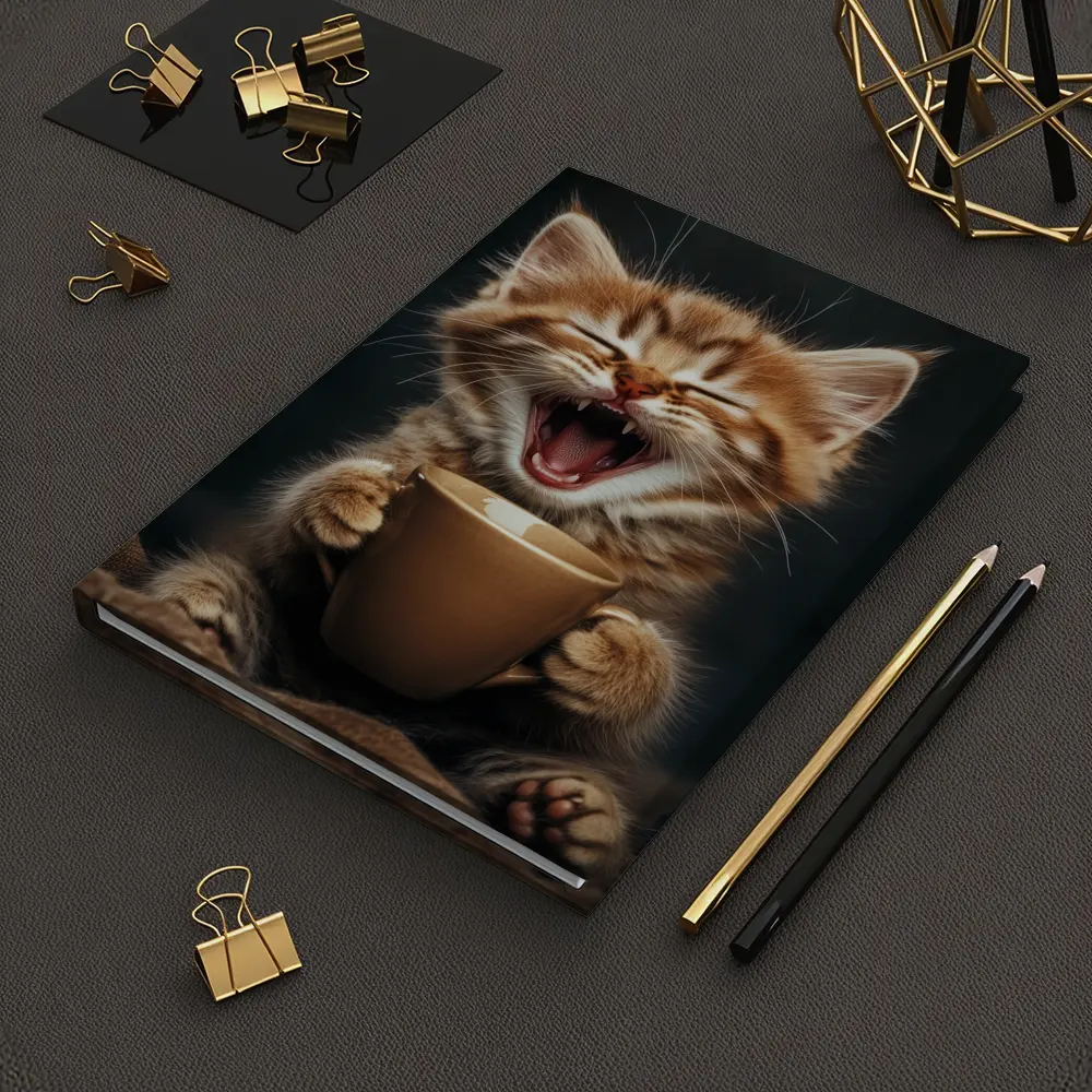 Funny Kitten Holding Coffee Cup Dark Background – Notebooks
