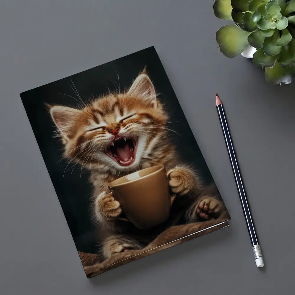 Funny Kitten Holding Coffee Cup Dark Background – Notebooks