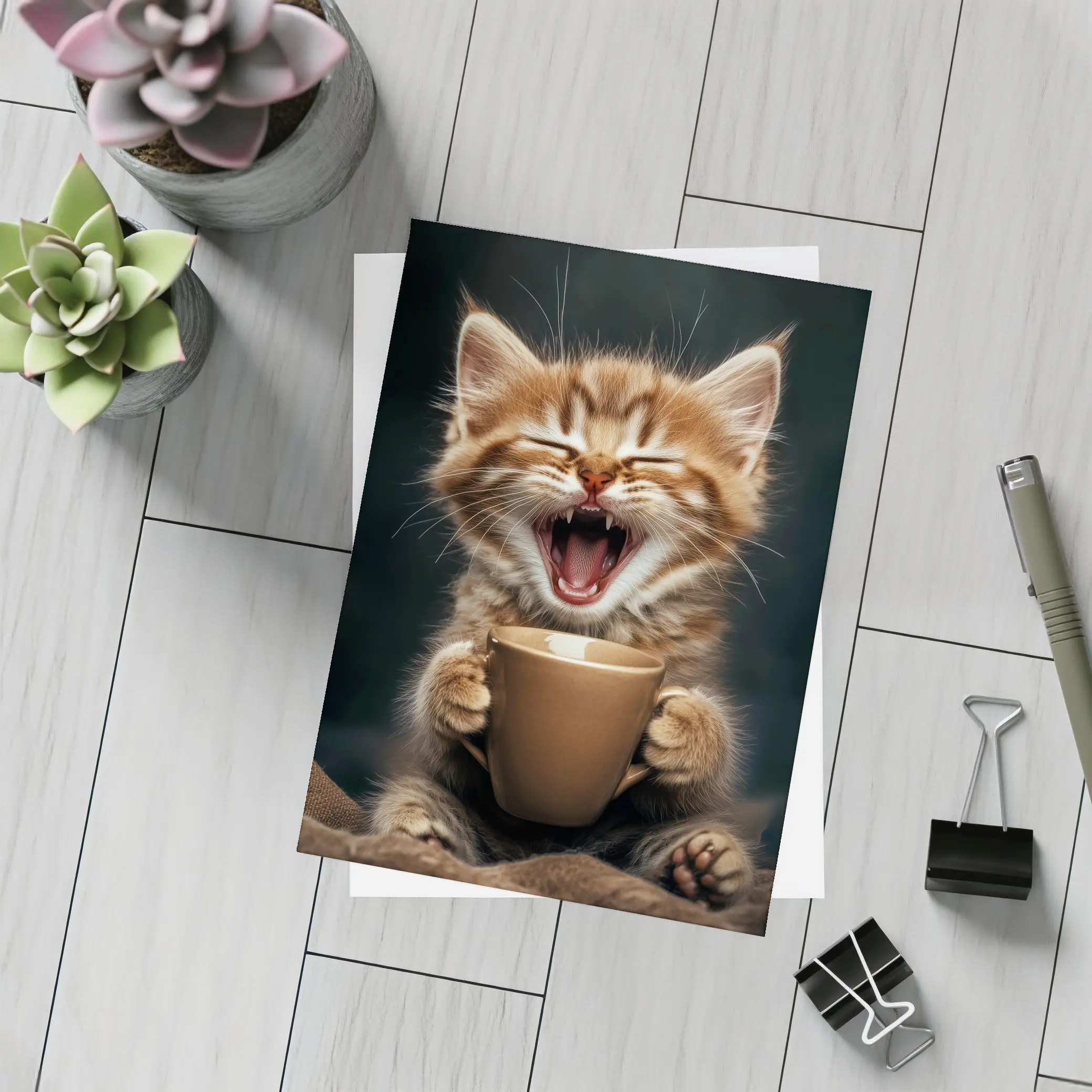 Funny Kitten Holding Coffee Cup Dark Background – Postcards