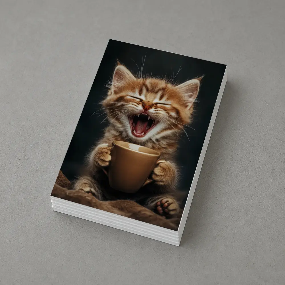 Funny Kitten Holding Coffee Cup Dark Background – Postcards