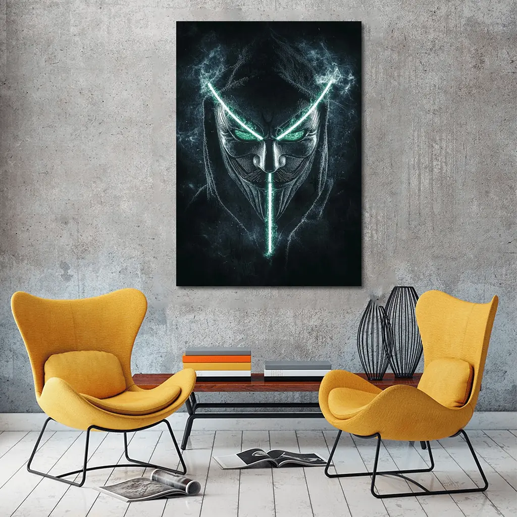 Neon Green Glowing Mask Dark Hood – Wall Art