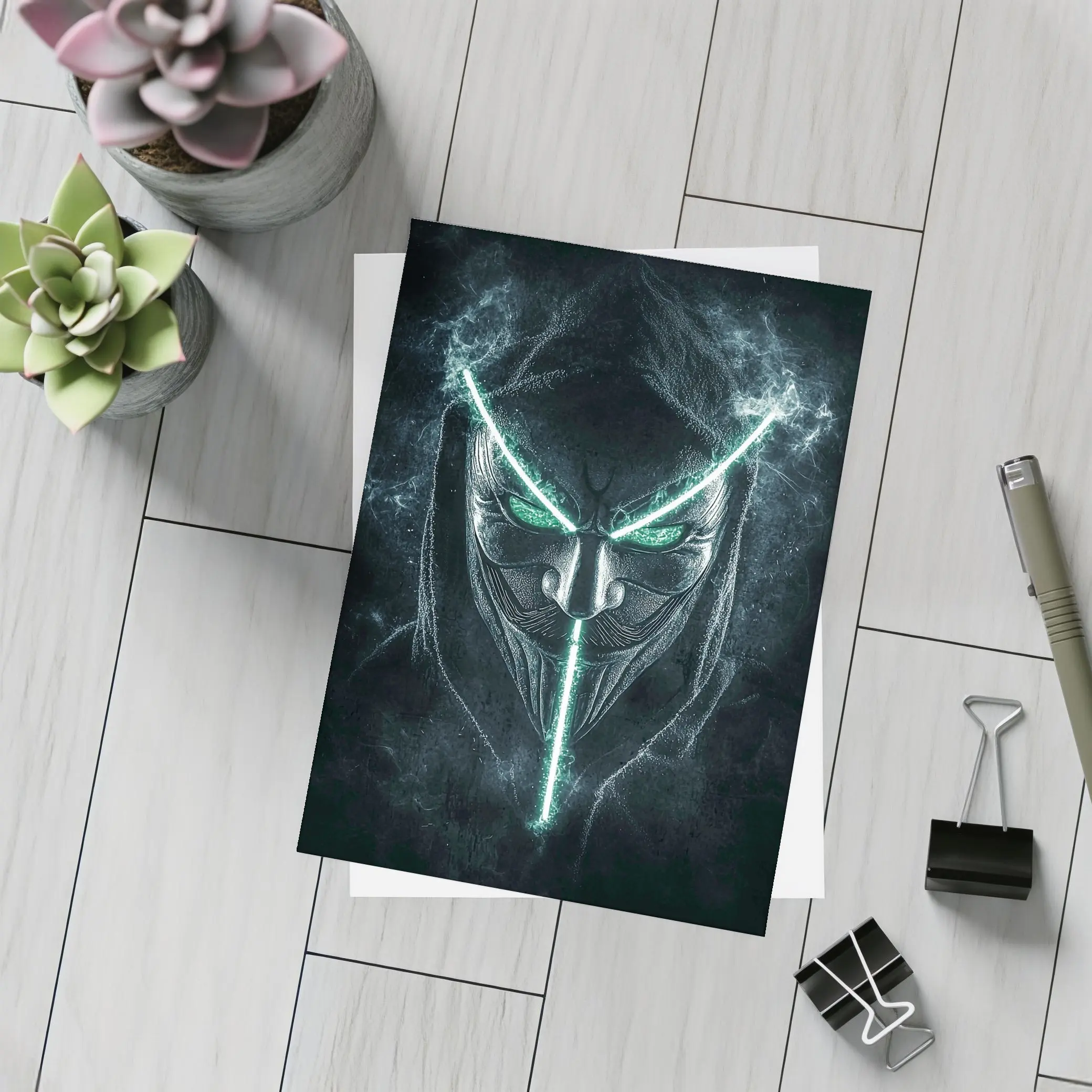 Neon Green Glowing Mask Dark Hood – Postcards