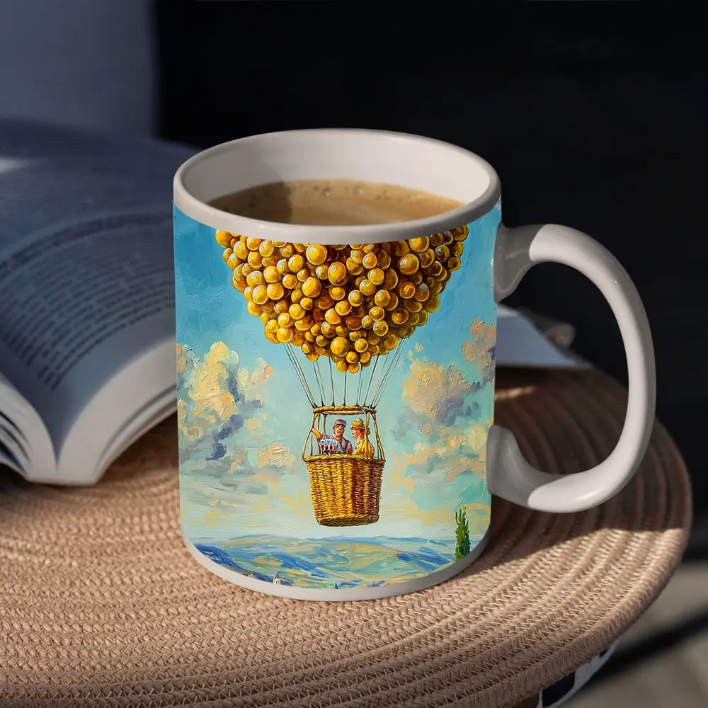 Lemon Hot Air Balloon Over Tuscan Village – Mugs