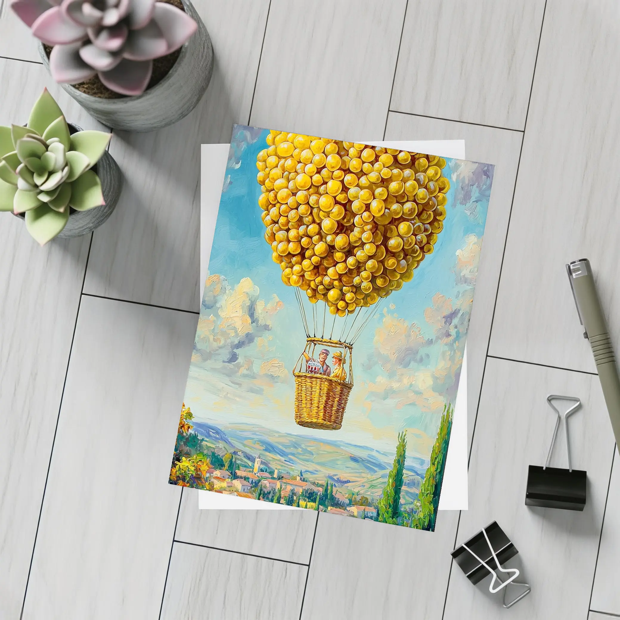 Lemon Hot Air Balloon Over Tuscan Village – Postcards