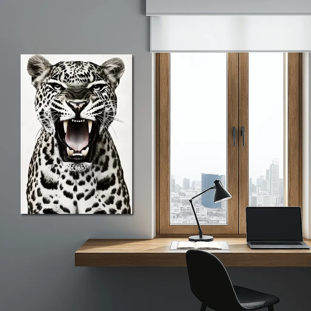 Roaring Leopard Close Up White Background – Wall Art