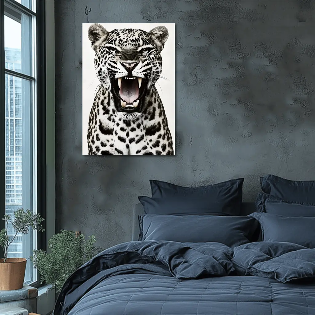 Roaring Leopard Close Up White Background – Wall Art