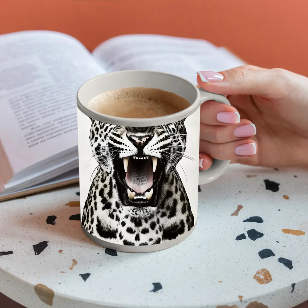Roaring Leopard Close Up White Background – Mugs