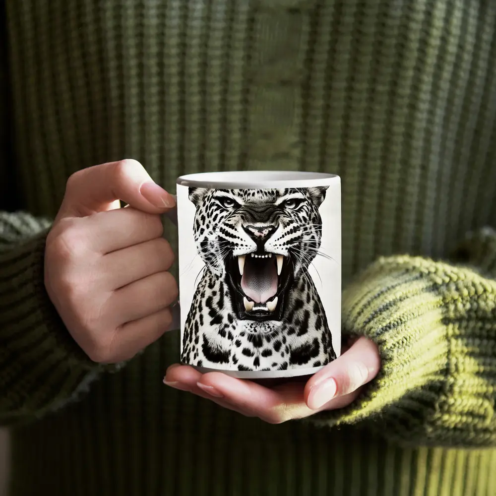 Roaring Leopard Close Up White Background – Mugs
