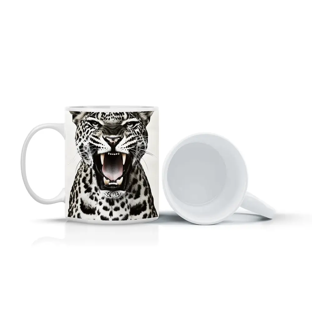 Roaring Leopard Close Up White Background – Mugs