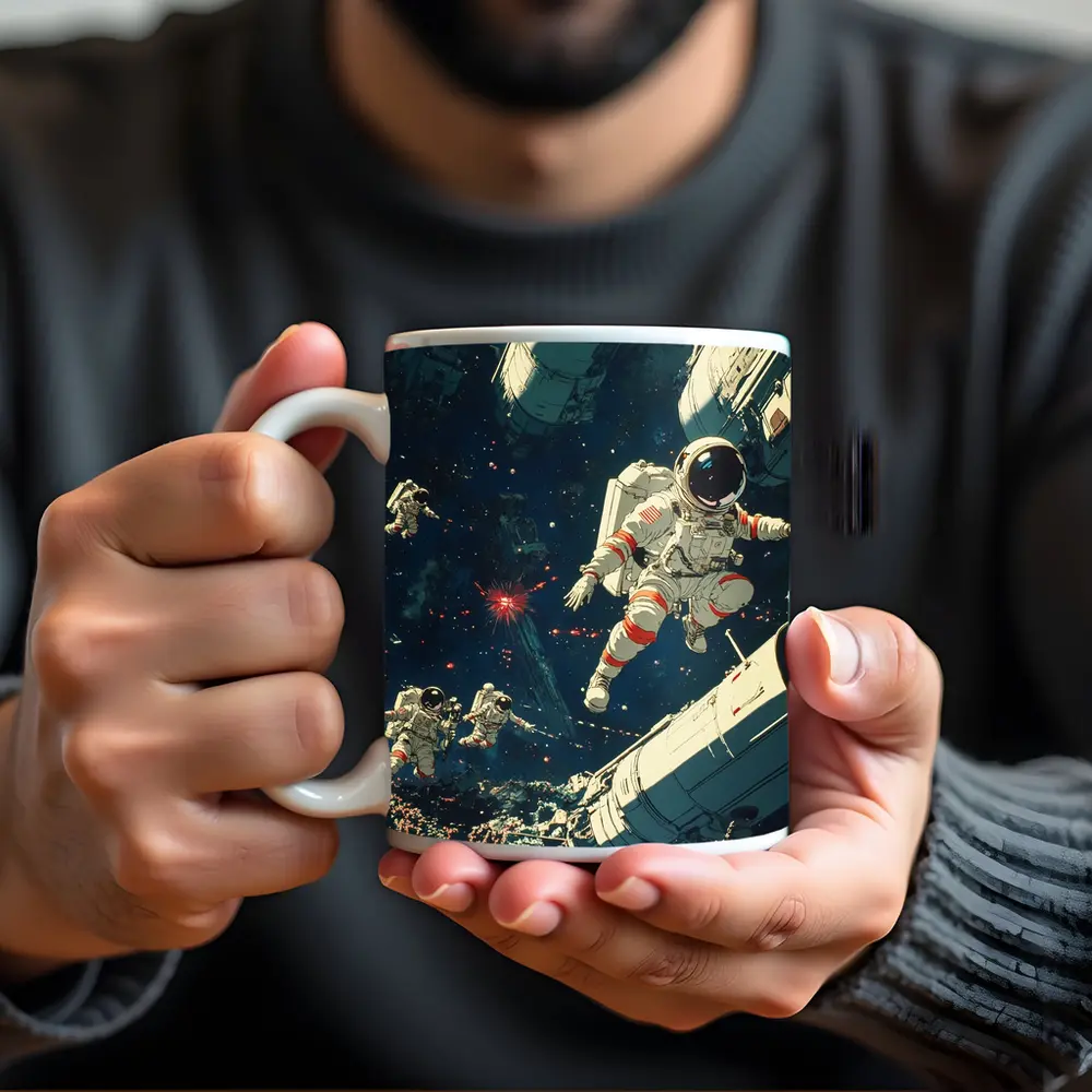 Astronauts Floating In Deep Space Retro Art – Mugs