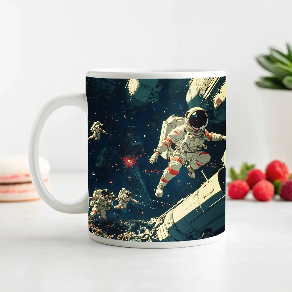 Astronauts Floating In Deep Space Retro Art – Mugs