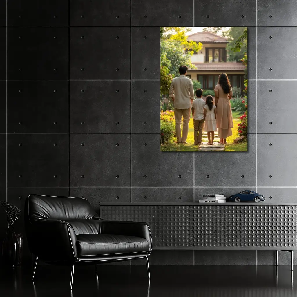 Family Standing Together Before Garden House – Wall Art