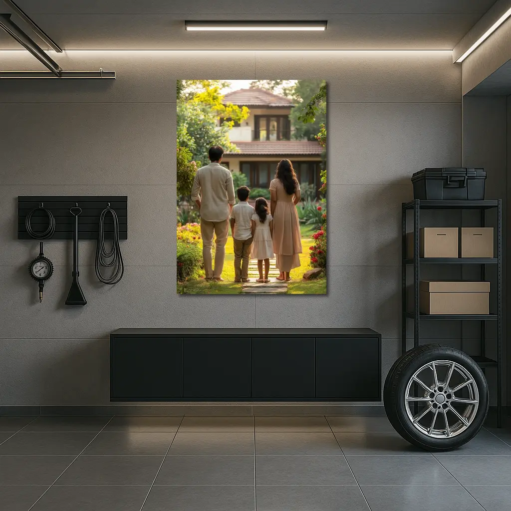 Family Standing Together Before Garden House – Wall Art