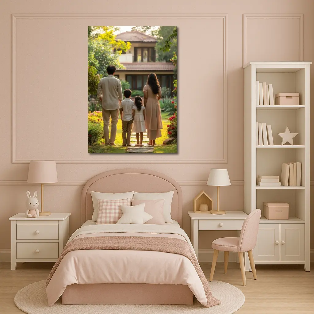Family Standing Together Before Garden House – Wall Art
