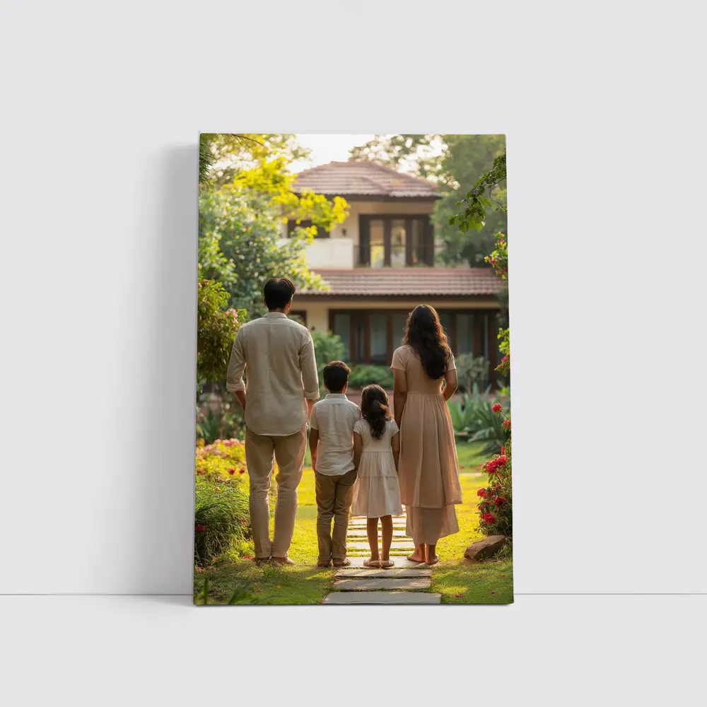 Family Standing Together Before Garden House – Wall Art