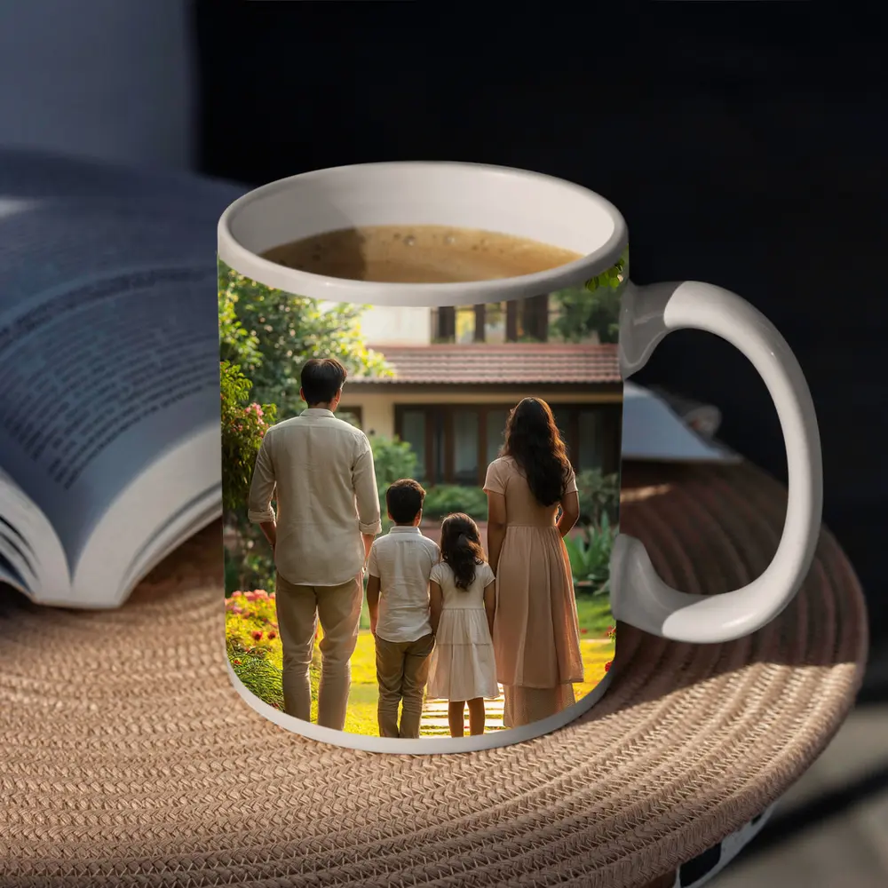Family Standing Together Before Garden House – Mugs