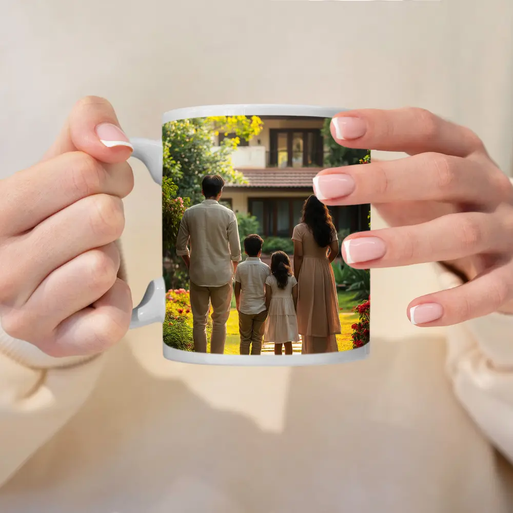 Family Standing Together Before Garden House – Mugs