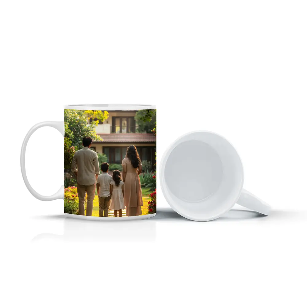 Family Standing Together Before Garden House – Mugs
