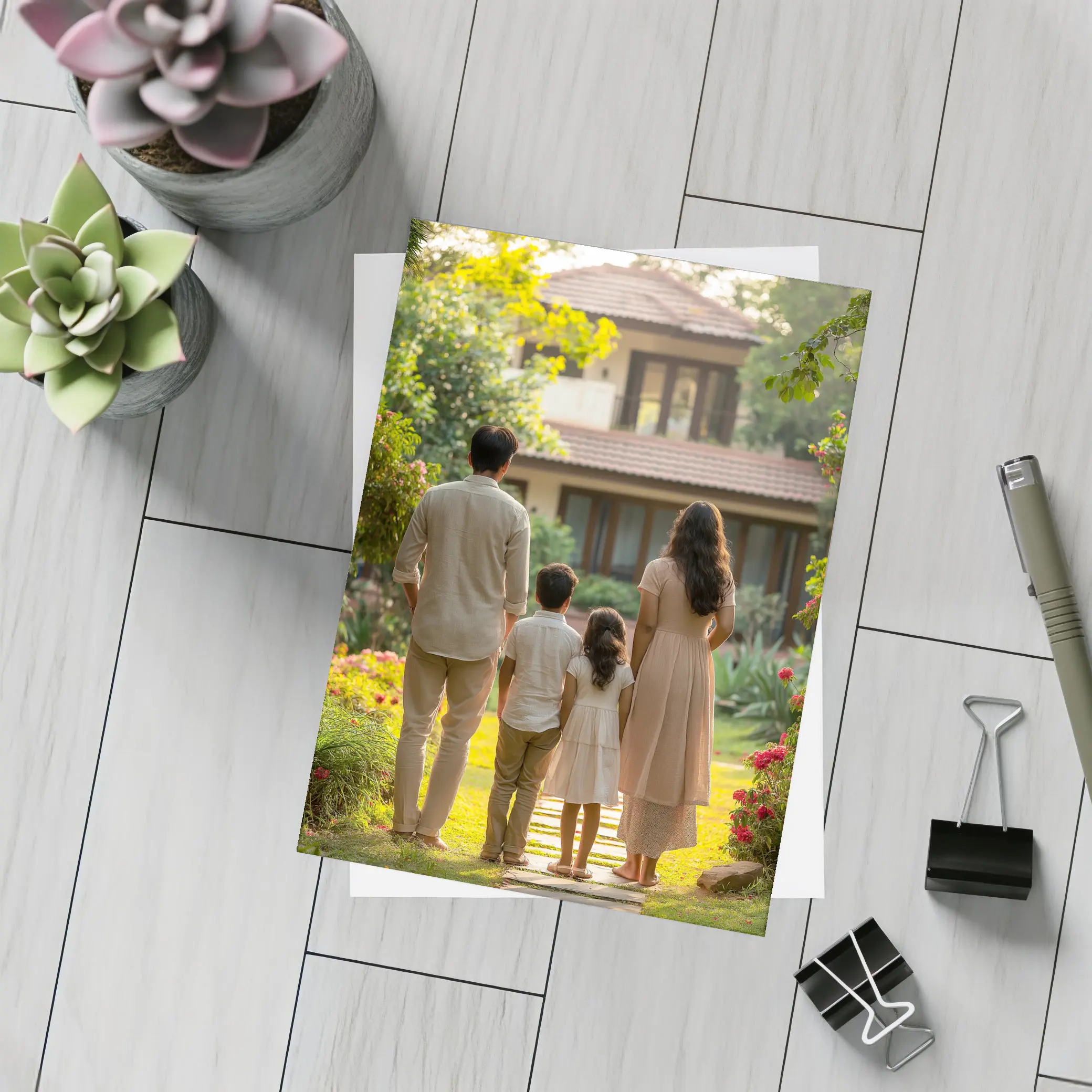 Family Standing Together Before Garden House – Postcards