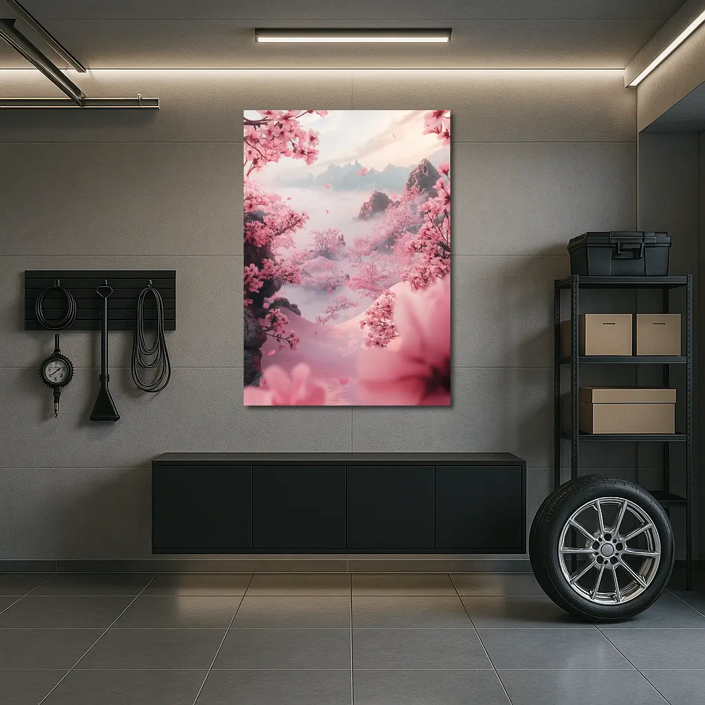 Cherry Blossoms Misty Mountain Valley Landscape – Wall Art