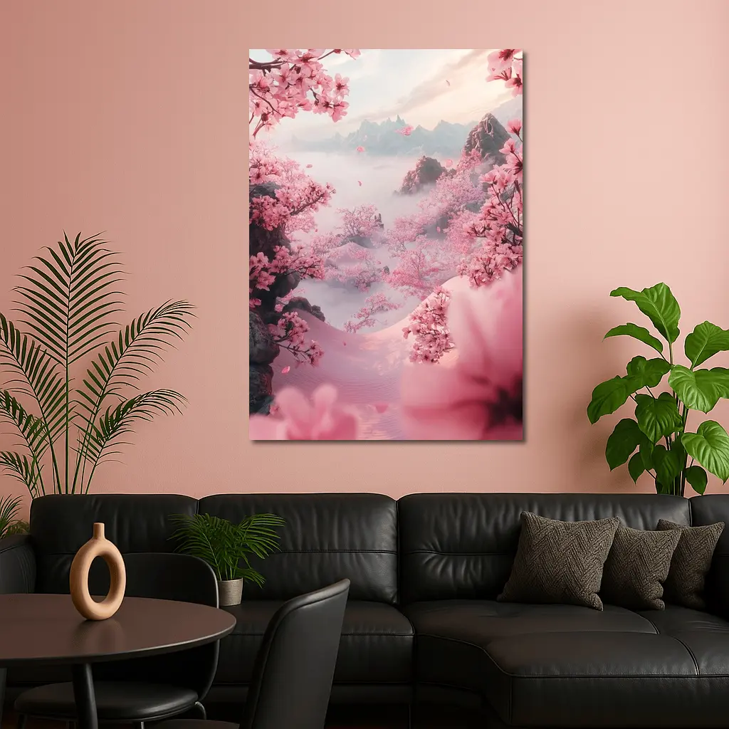 Cherry Blossoms Misty Mountain Valley Landscape – Wall Art