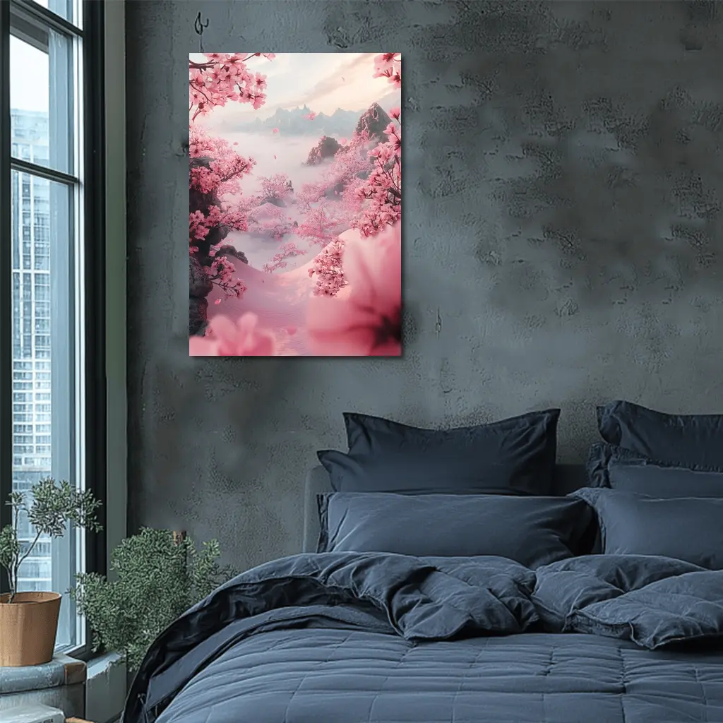 Cherry Blossoms Misty Mountain Valley Landscape – Wall Art