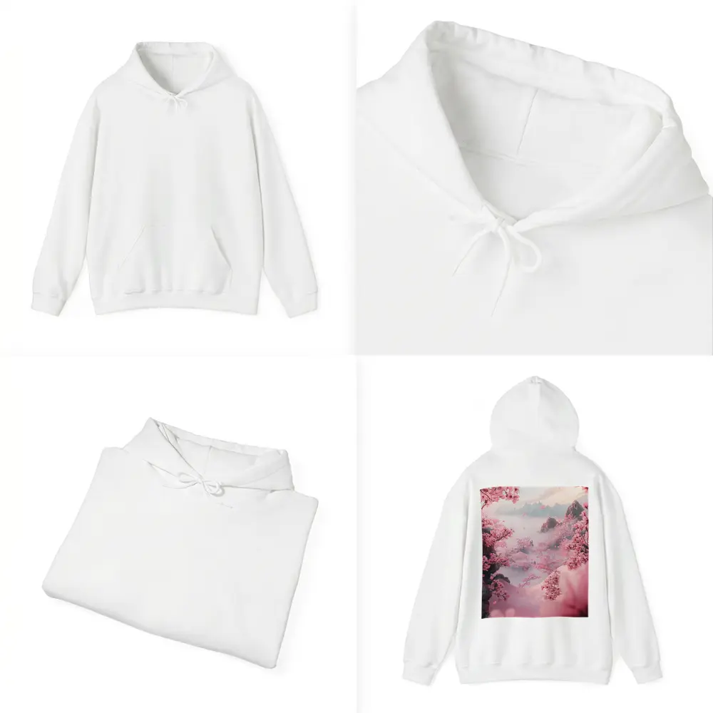 Cherry Blossoms Misty Mountain Valley Landscape – Hoodies