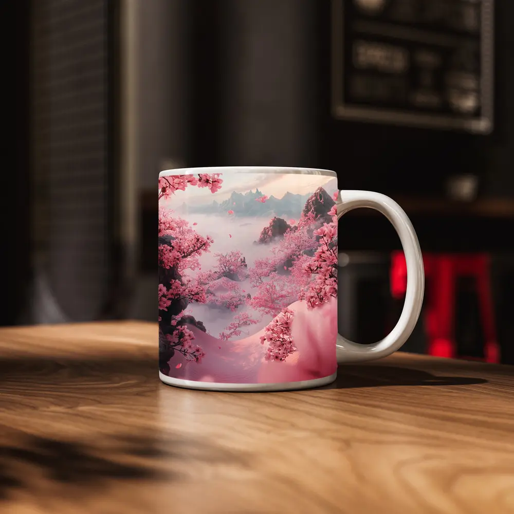 Cherry Blossoms Misty Mountain Valley Landscape – Mugs