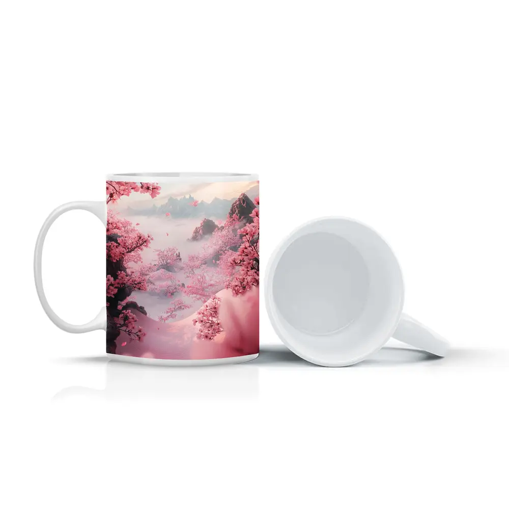Cherry Blossoms Misty Mountain Valley Landscape – Mugs