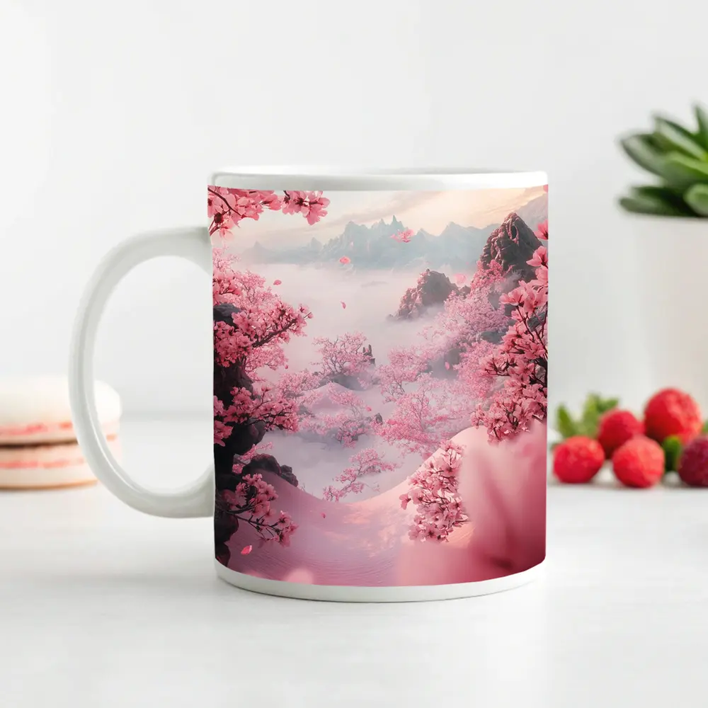 Cherry Blossoms Misty Mountain Valley Landscape – Mugs