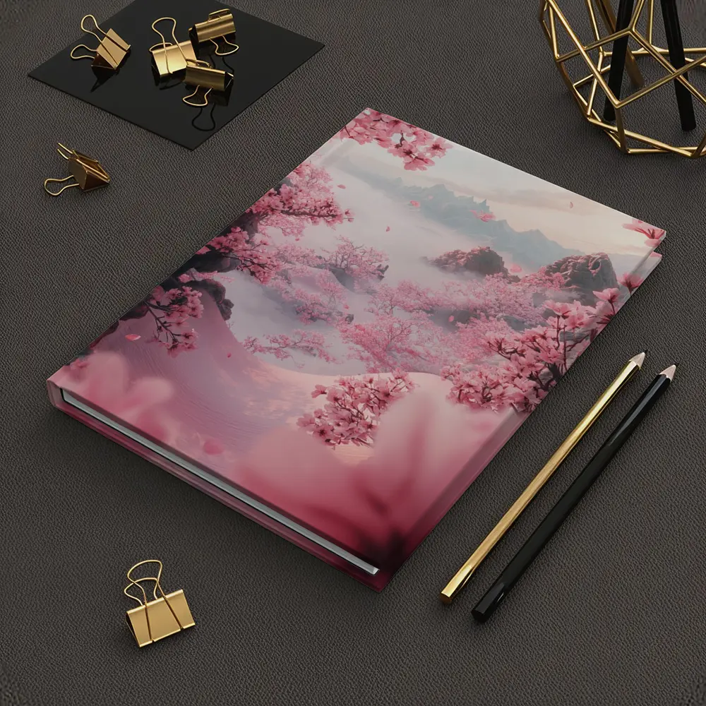 Cherry Blossoms Misty Mountain Valley Landscape – Notebooks