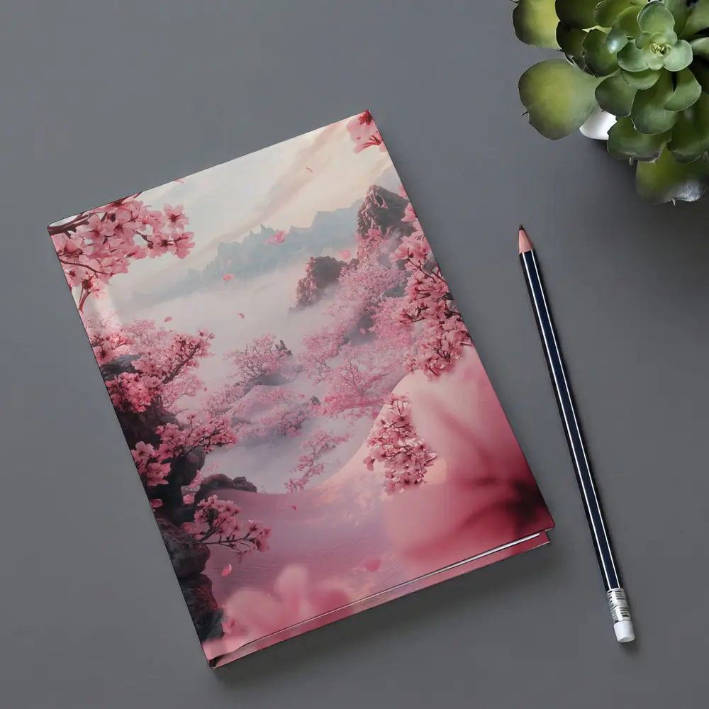 Cherry Blossoms Misty Mountain Valley Landscape – Notebooks