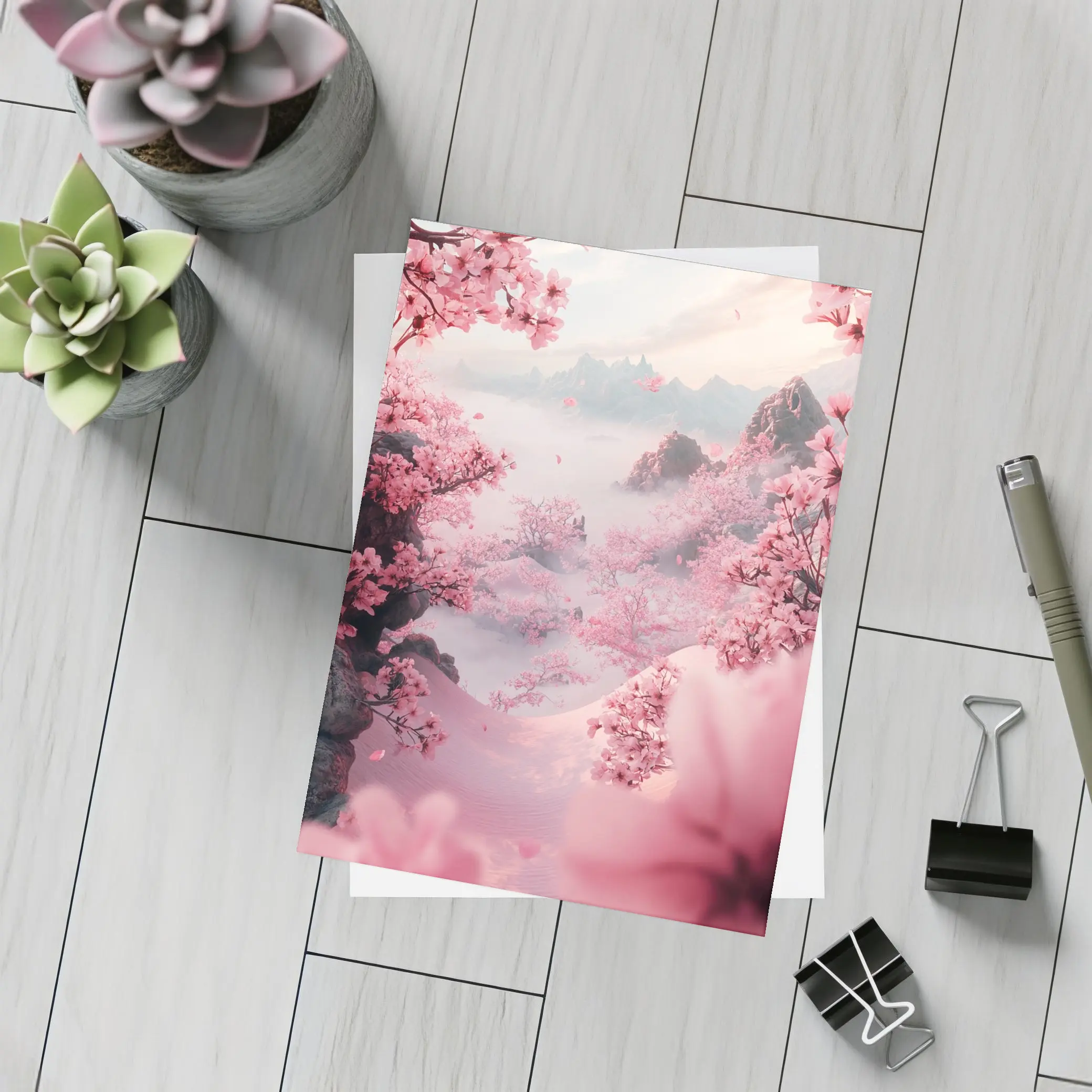 Cherry Blossoms Misty Mountain Valley Landscape – Postcards