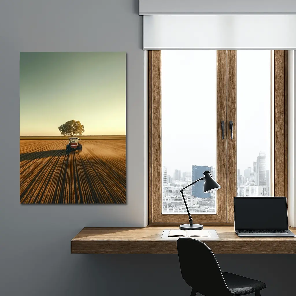 Red Tractor Plowing Field Lone Tree – Wall Art