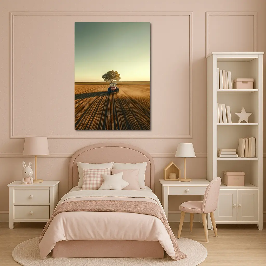 Red Tractor Plowing Field Lone Tree – Wall Art