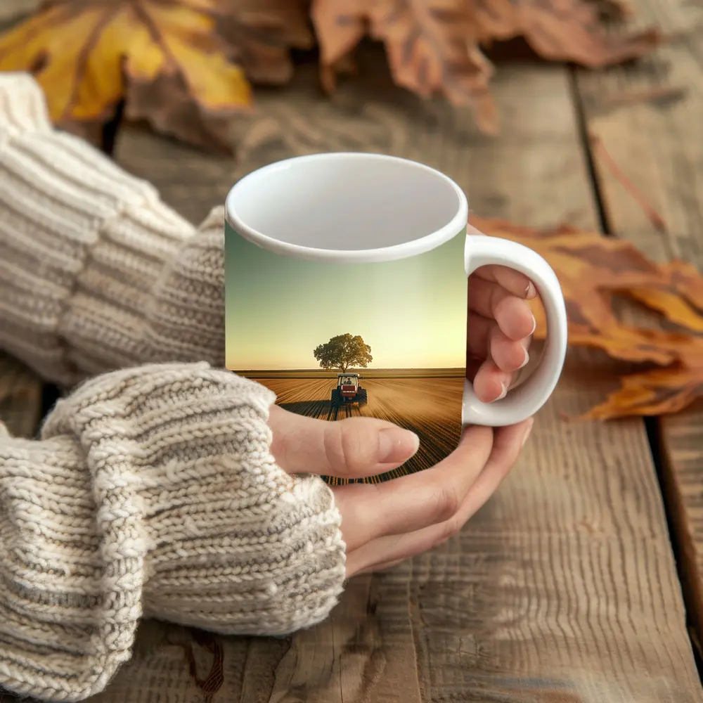 Red Tractor Plowing Field Lone Tree – Mugs