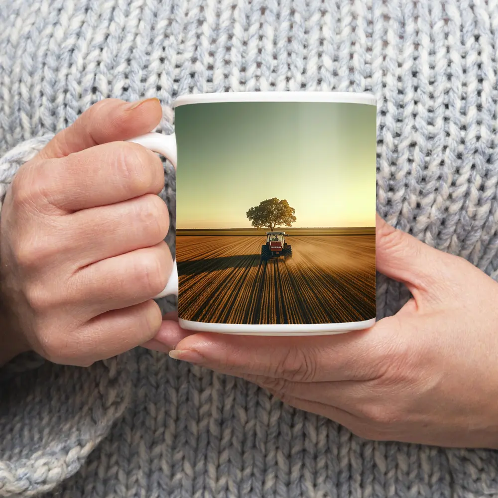 Red Tractor Plowing Field Lone Tree – Mugs