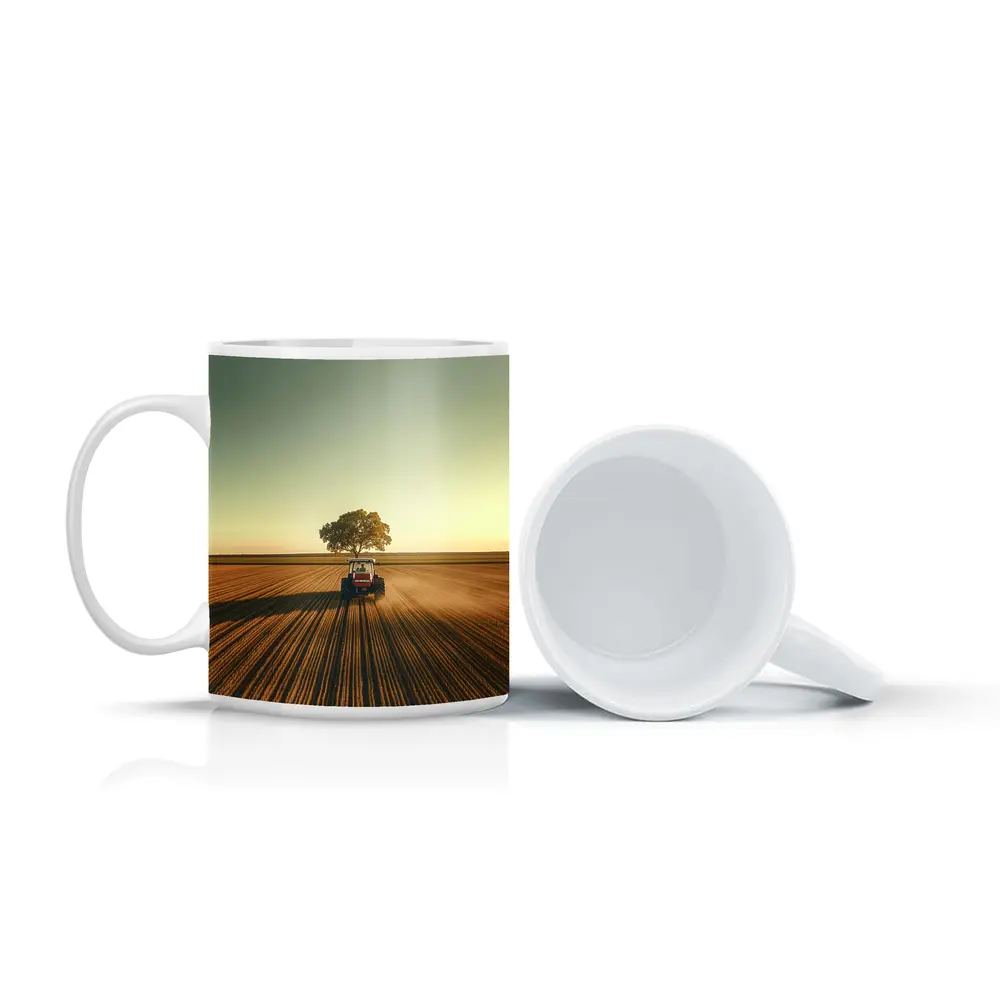 Red Tractor Plowing Field Lone Tree – Mugs