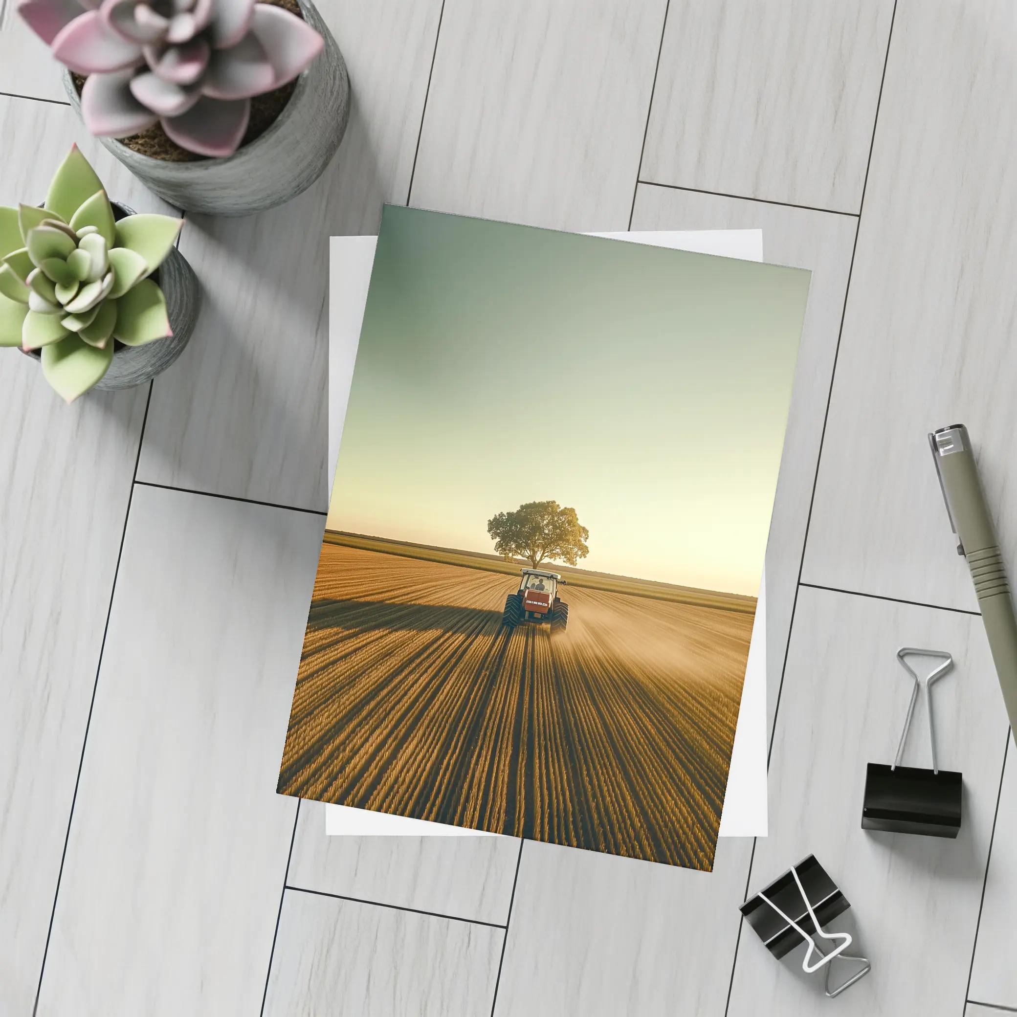 Red Tractor Plowing Field Lone Tree – Postcards