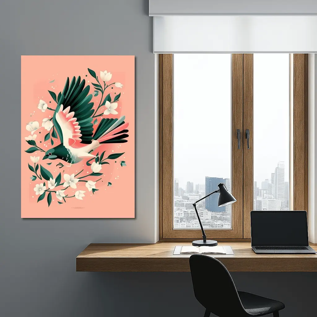 Flying Bird White Flowers Pink Background – Wall Art
