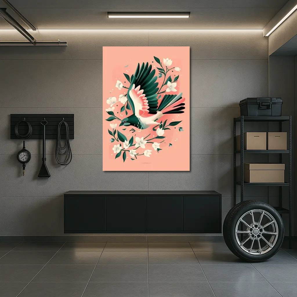 Flying Bird White Flowers Pink Background – Wall Art