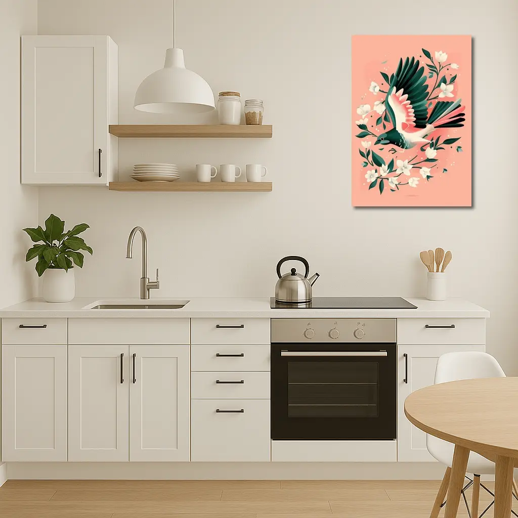 Flying Bird White Flowers Pink Background – Wall Art