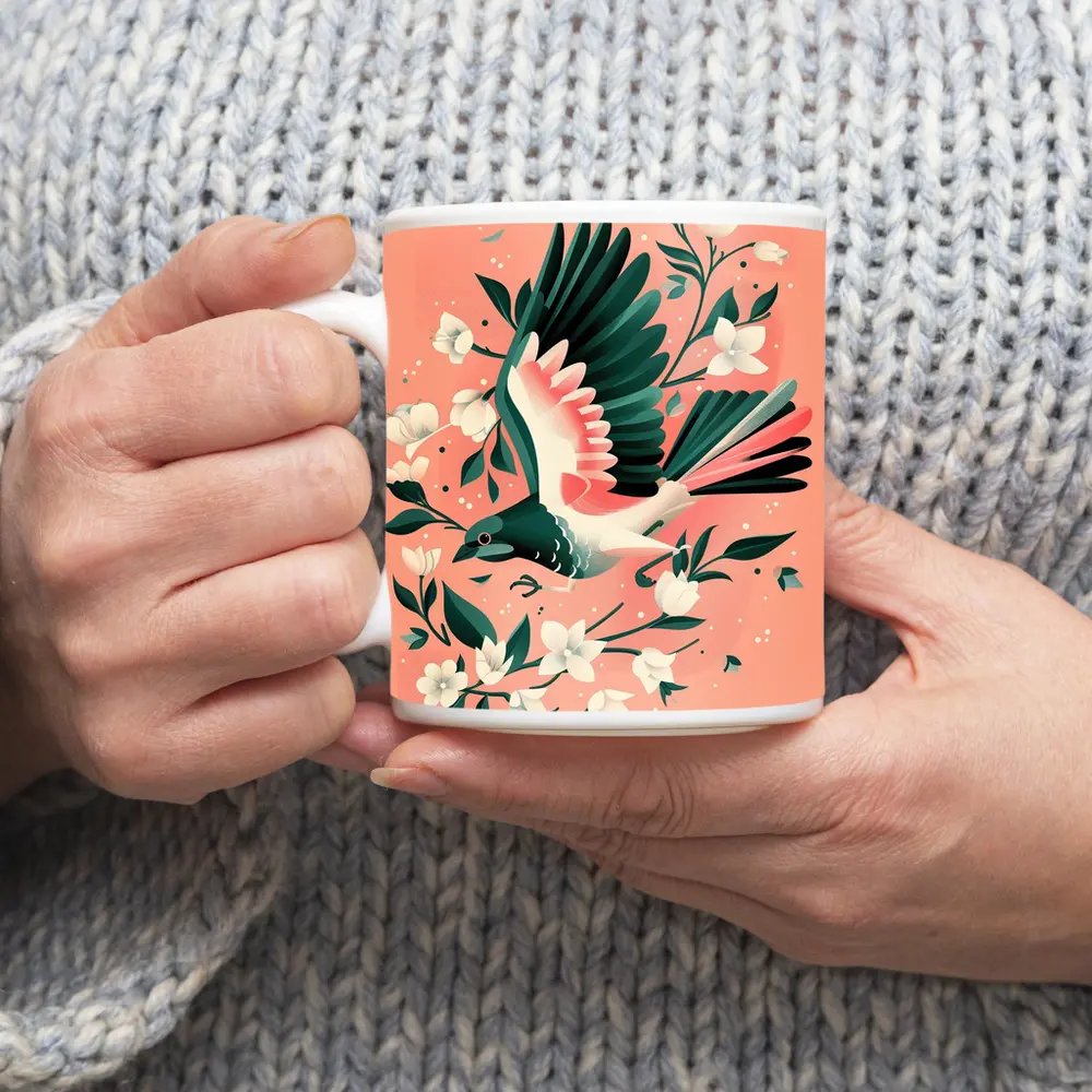 Flying Bird White Flowers Pink Background – Mugs