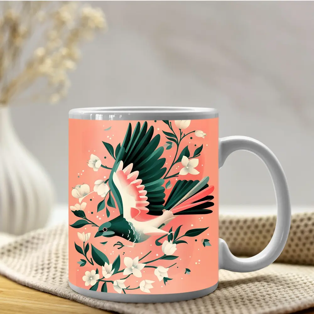 Flying Bird White Flowers Pink Background – Mugs