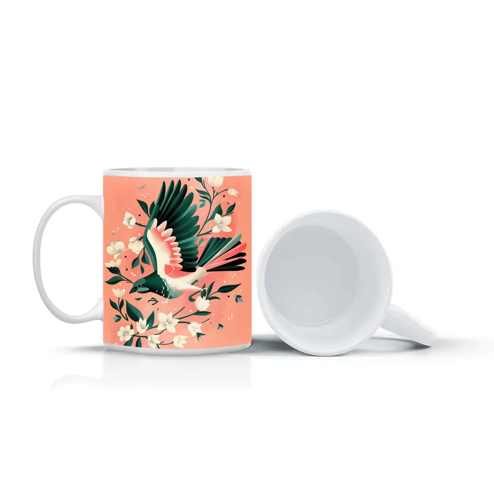 Flying Bird White Flowers Pink Background – Mugs