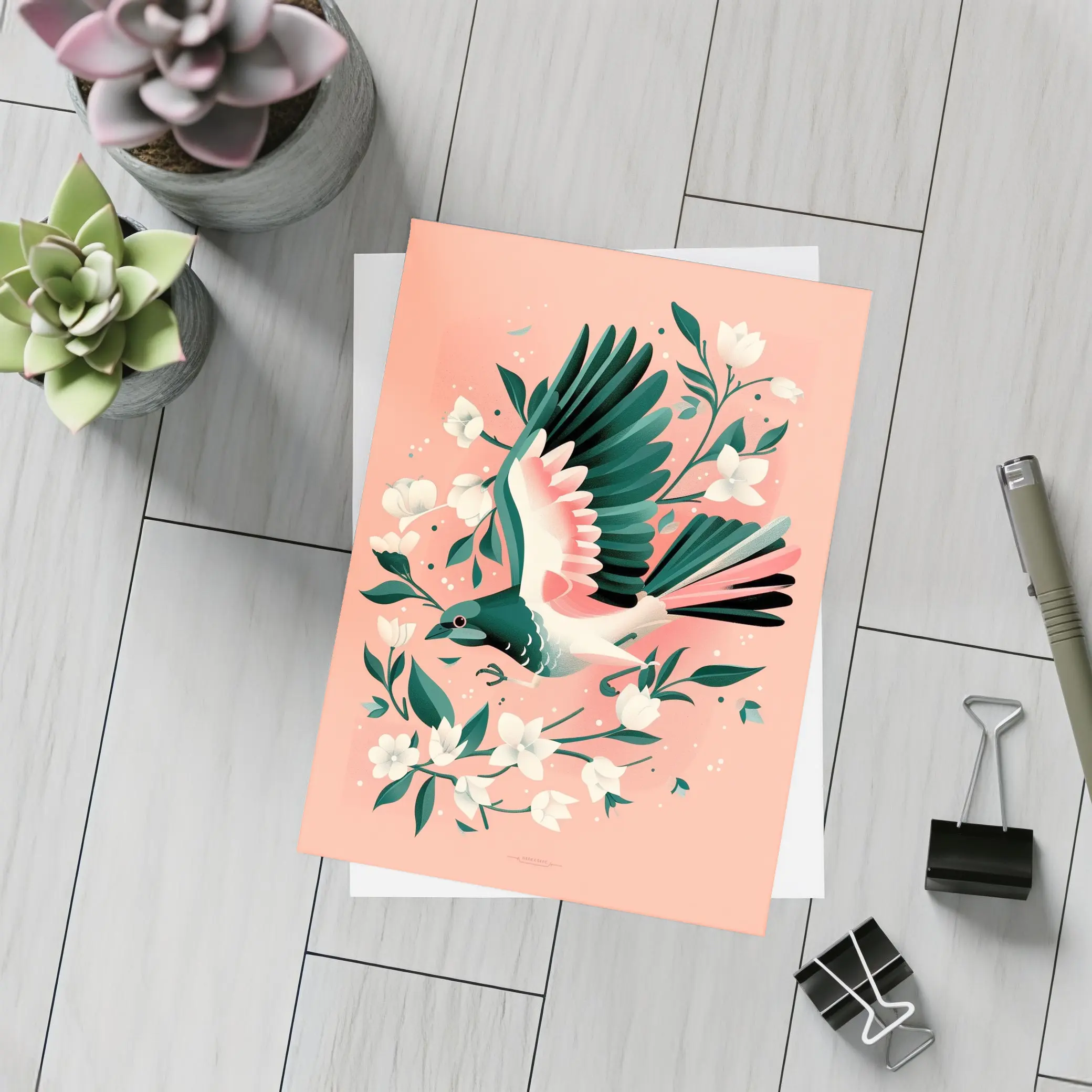Flying Bird White Flowers Pink Background – Postcards