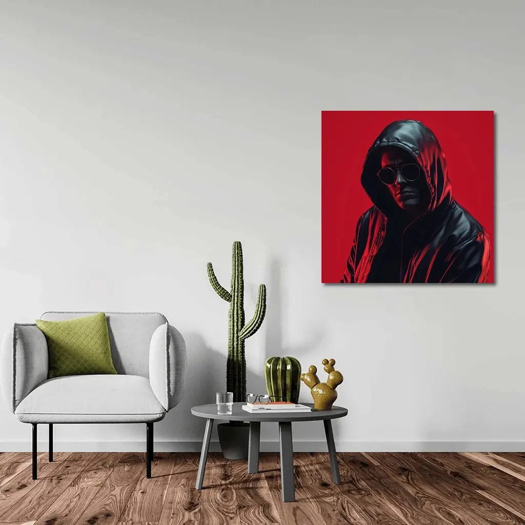 Hooded Man Black Leather Jacket Red Background – Wall Art